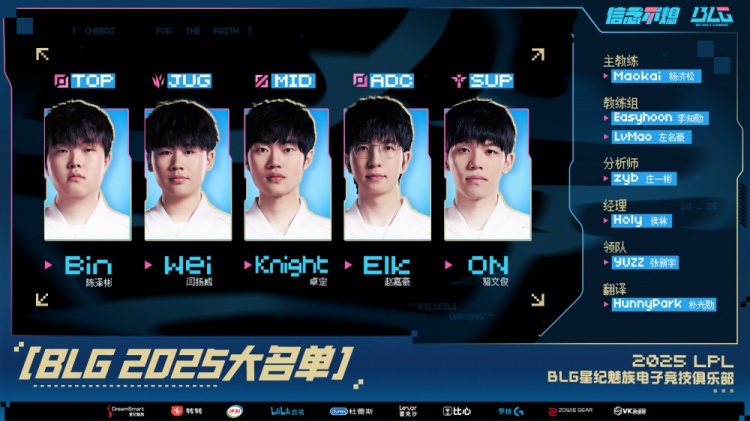  Bilibili Gaming  宣布  LPL  第一階段名單： bin / Wei / knight / Elk / ON , 目標是冠軍