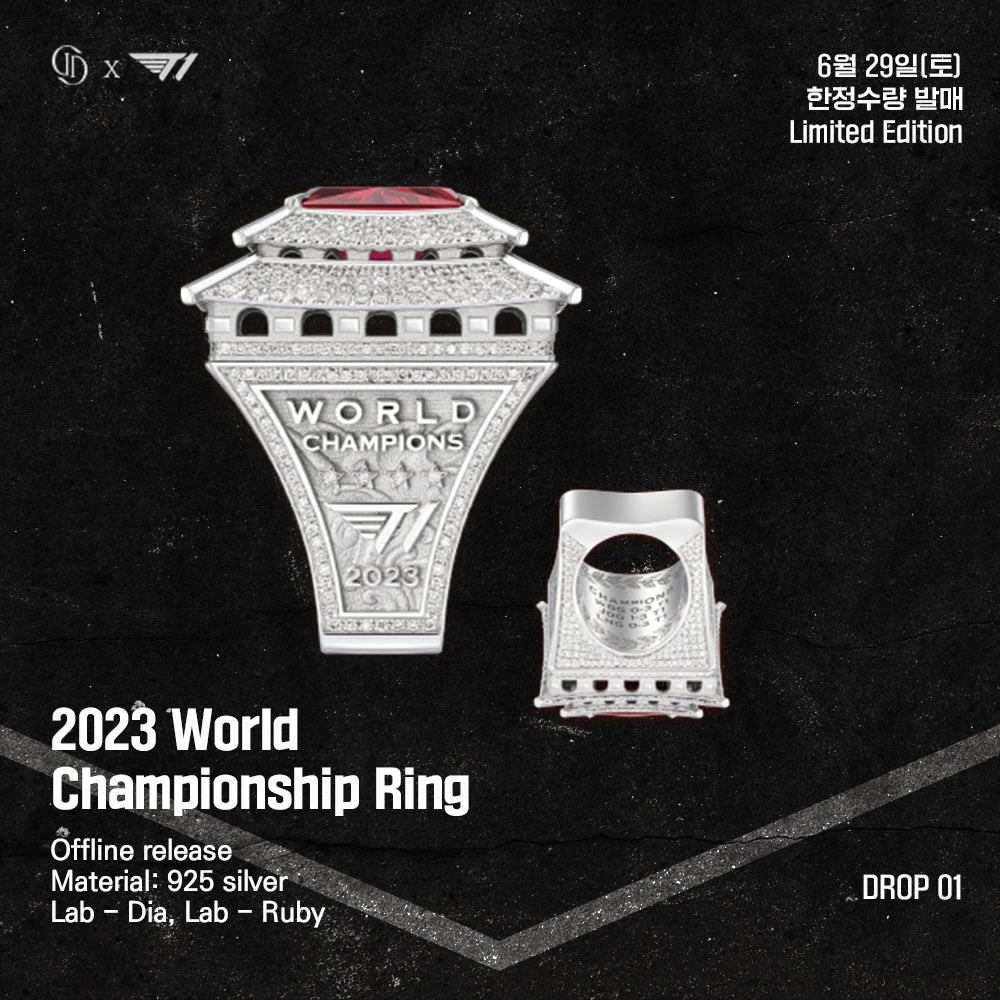  T1  官方推特发布了S13 冠军戒指的详情，并宣布将在即将到来的主场赛事中展示：