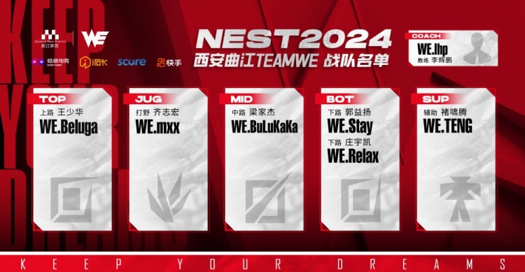  Team WE  正式公布了 NEST 的阵容：打野  mxx ，中路选手  BuLuKaKa ，下路选手  Stay  