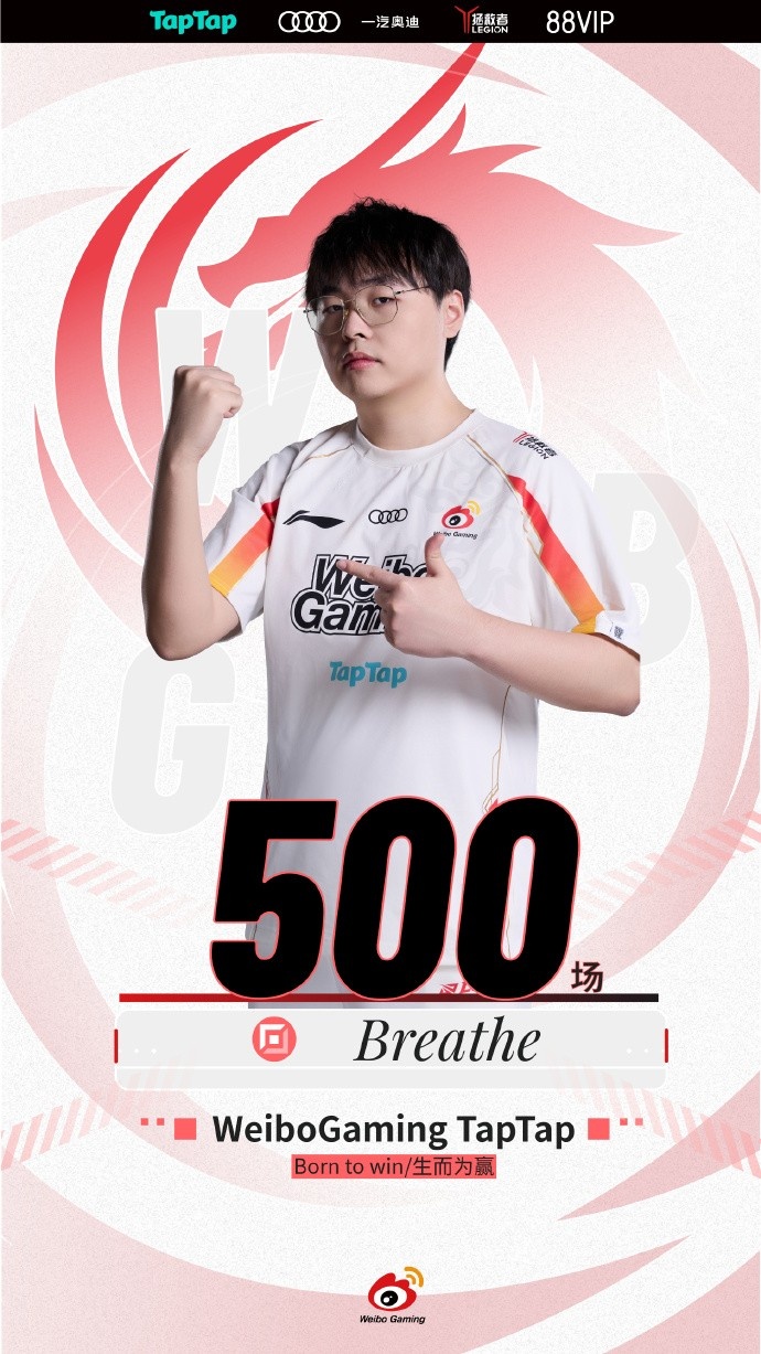 里程碑： Weibo Gaming 上单选手  Breathe 达到第500次  LPL 出场
