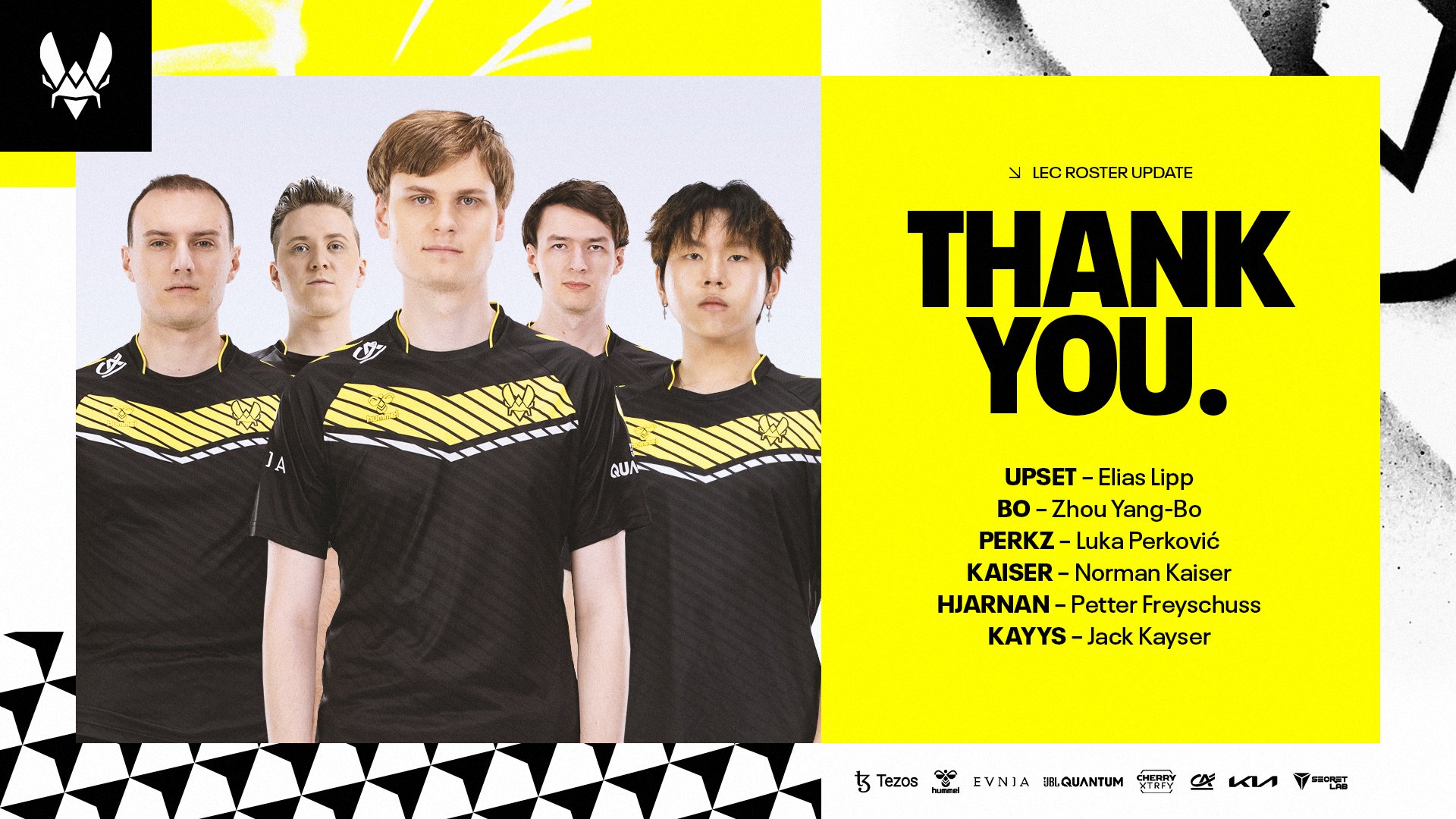 Anuncio oficial de VIT: excepto por el jugador del carril superior, Perkz, Bo, Upset y Kaiser abandonan el equipo.